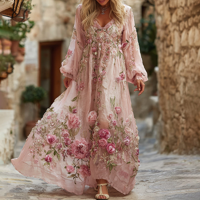 Women's Pink Floral Embroidered Art V-neck Long Sleeve Midi Dress elevenforest