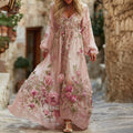 Women's Pink Floral Embroidered Art V-neck Long Sleeve Midi Dress elevenforest