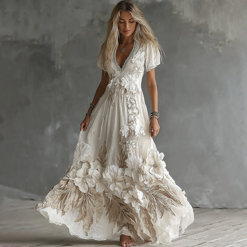 Women's Vintage Boho Floral Art  Short-sleeved Maxi Dress