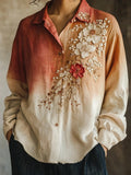 Vintage Lace Floral Embroidered Gradient Linen Blouse elevenforest
