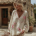 Women's Retro Roses Print V-neck Linen Blend Long Sleeve T-shirt elevenforest