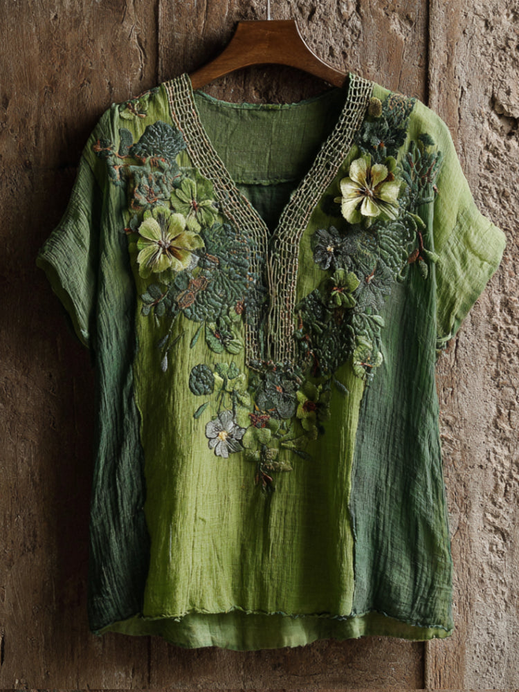 Bohemian-style Tropical Rainforest Three-dimensional Flower Embroidery Grass Green V-neck Short-sleeved Shirt elevenforest