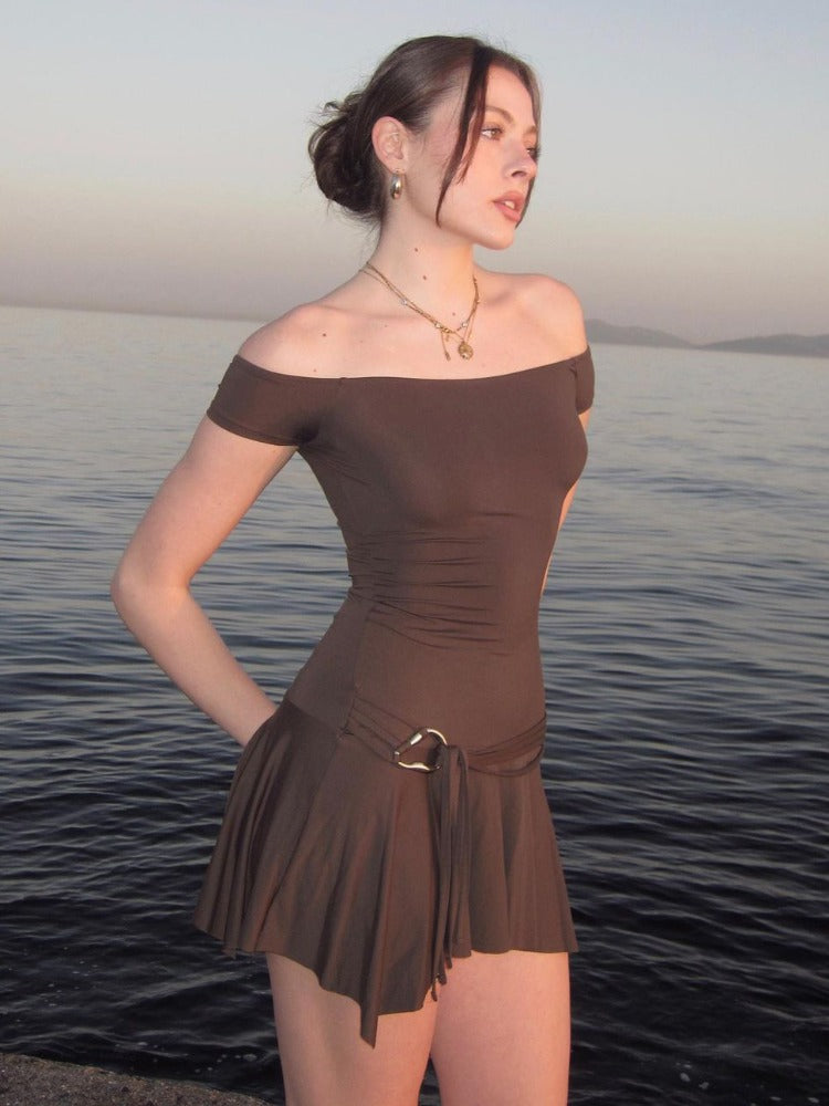 Taruxy Off Shoulder Sleeveless Strapless Mini Dress for Splice Flounced Edge Slim With Belt Club Party Dresses Female