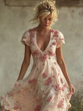 Vintage Pink Boho Roses Art V Neck Flowy Linen Maxi Dress elevenforest