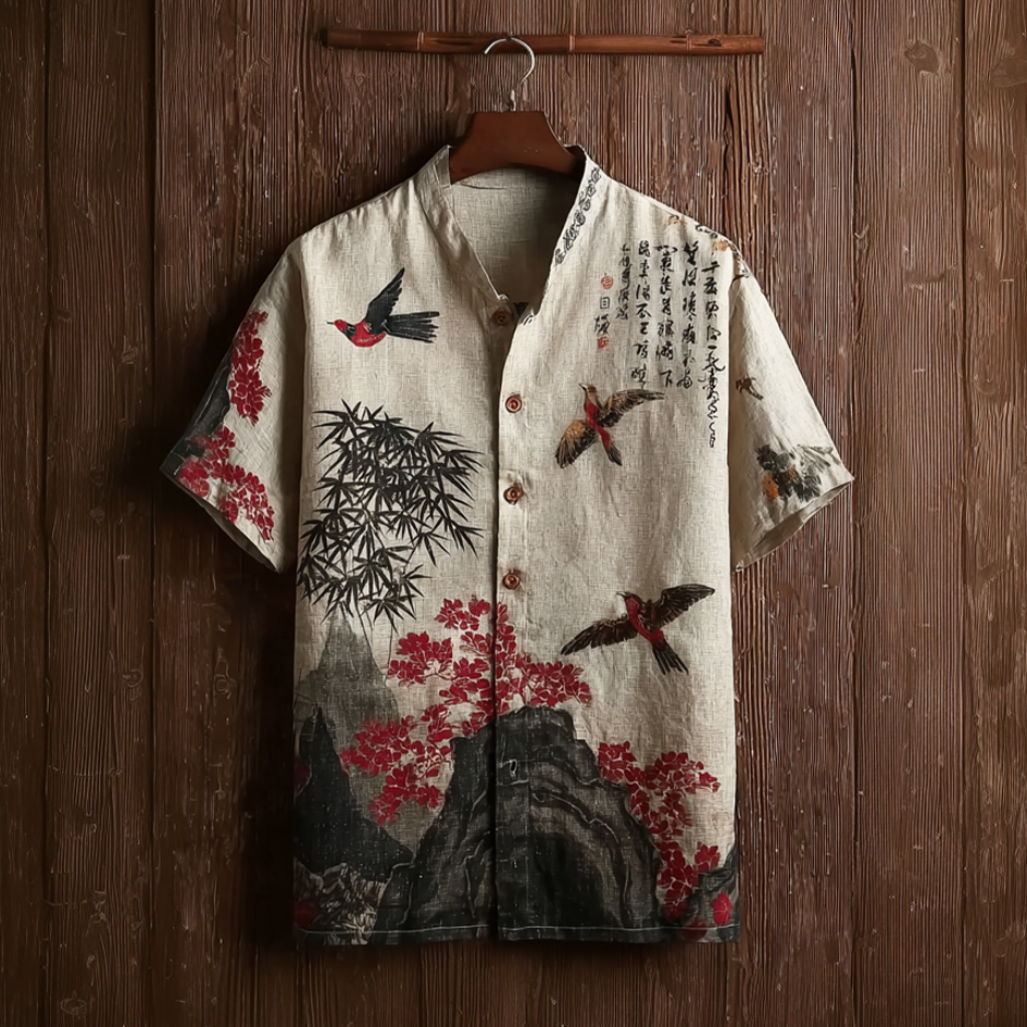 Japanese Art Retro Style Birds And Flowers Pattern Men's Short Sleeve Shirt elevenforest