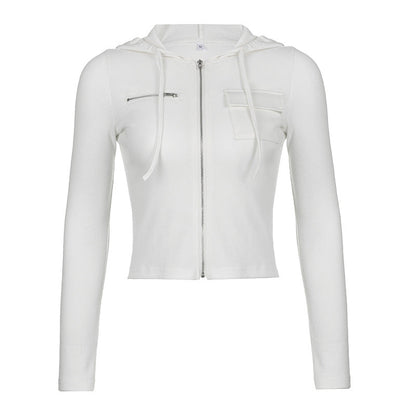 Hooded Zipper Short Jacket Autumn Color Cardigan Slim Fit Slimming Long Sleeves T Shirt Top