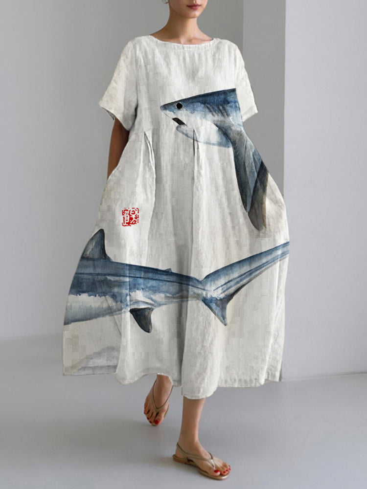 Ocean Shark Japanese Pattern Linen Maxi Dress elevenforest