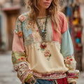 Women's Retro Bohemian Rose Floral Stitching Comfortable Crew Neck Sweatshirt elevenforest