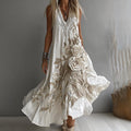Women's Vintage White Floral Embroidery Art Linen Maxi Dress elevenforest