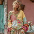 Women's Flower Embroidery Macaroon Color Patchwork Art V-neck Casual Sweatshirt elevenforest