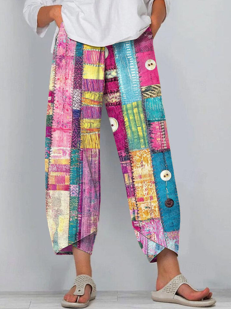 Women's Boho Colorful Patchwork Linen Blend Pants elevenforest