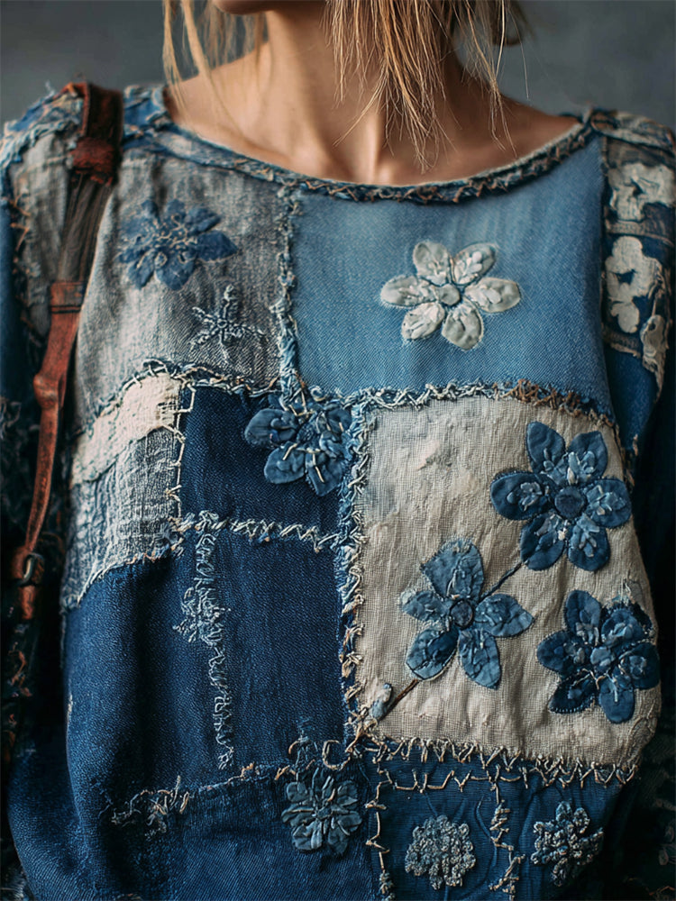 Vintage Floral Fiber Art Colorblock Patchwork Linen Tunic elevenforest