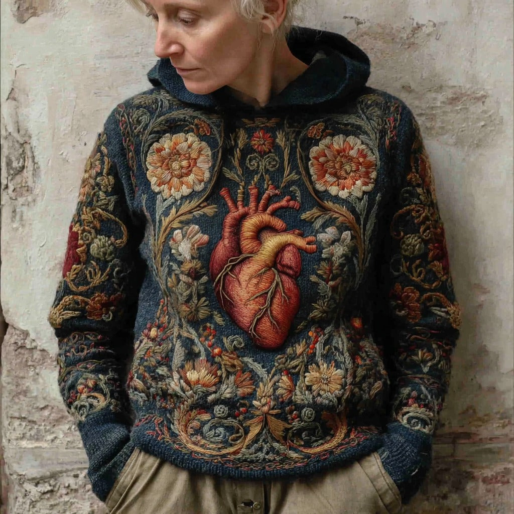 Comstylish Women's Heart And Floral Knitted Jacquard Hooded Sweater