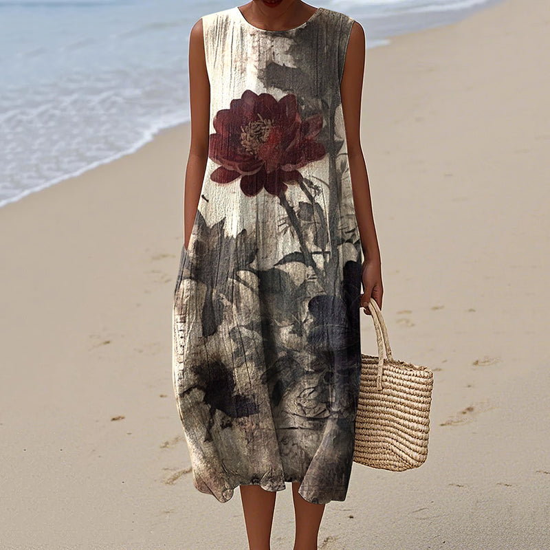 Vintage Loose Floral Art Linen Tank Dress elevenforest