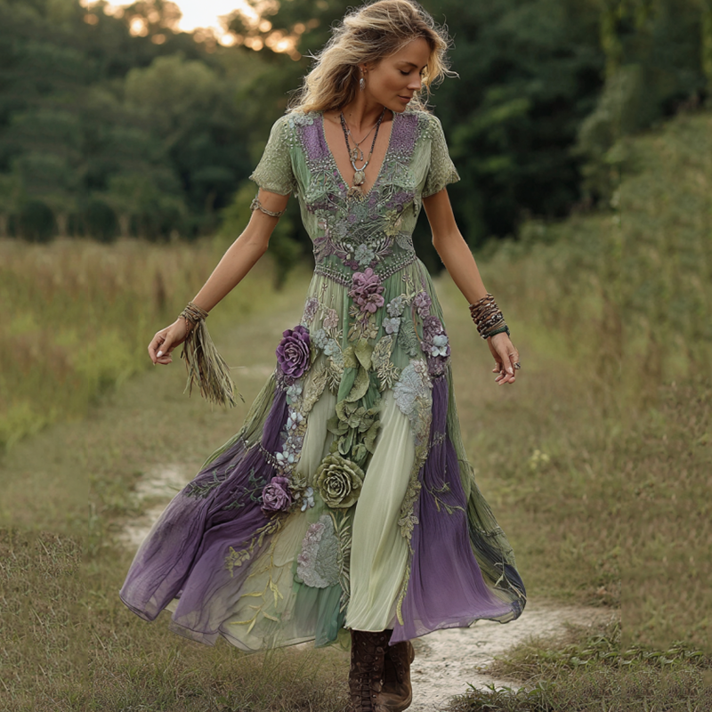 Classy Gradient Purple Lavender And Floral Embroidered Linen Maxi Dress elevenforest