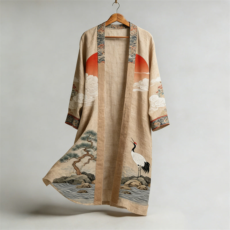 Japanese Crane Sunrise Landscape Flowy Linen Long Kimono elevenforest