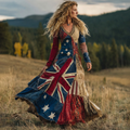 Women's Australian Flag Floral Patchwork Art Comfy Linen V-neck Dress elevenforest