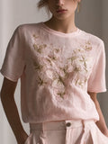 Women's Retro Pink Butterfly Embroidery Art Print Round Neck Short Sleeve T-shirt elevenforest