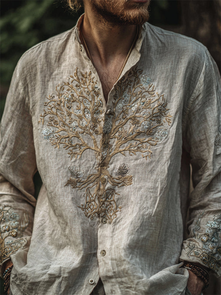 Men's Vintage Tree Of Life Floral Embroidered Flowy Linen Shirt elevenforest