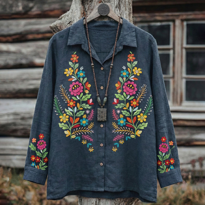 Women's Retro Floral Pattern Long Sleeve Shirt elevenforest