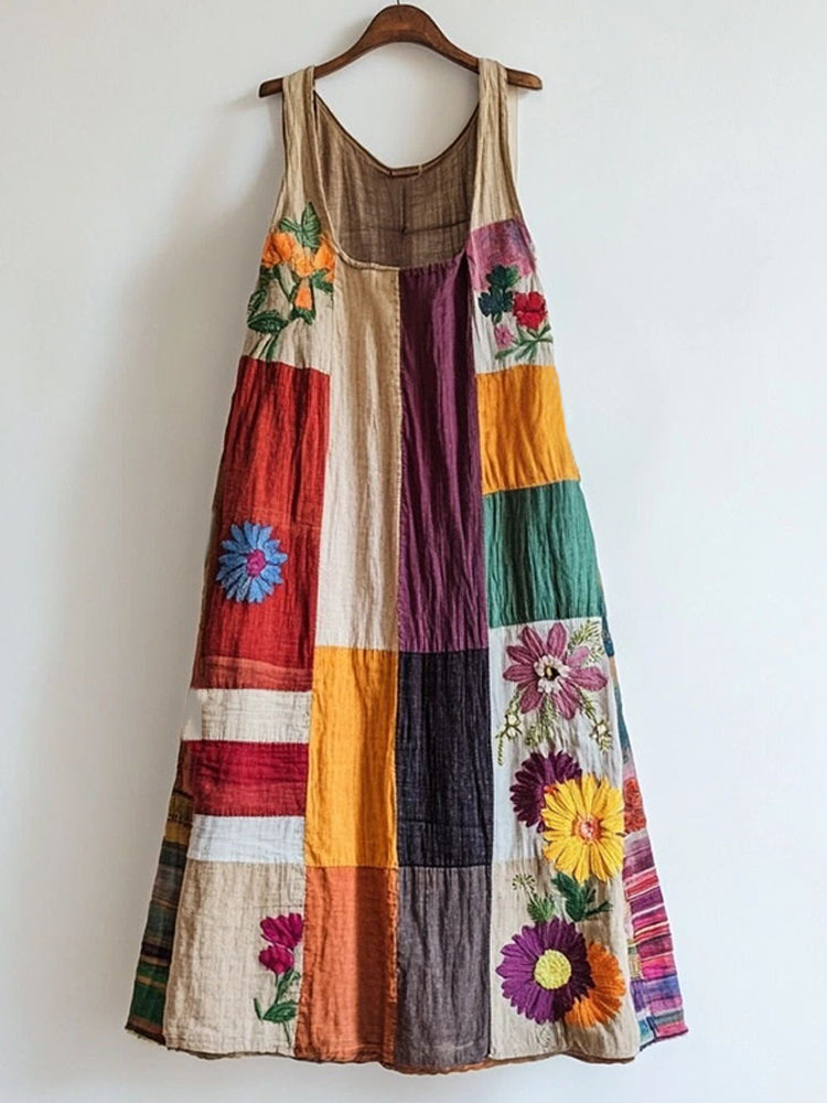 Colorful Floral Embroidered Patchwork Linen Blend Dress elevenforest
