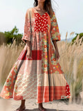 Women's Floral Patchwork Art Print Flowy V-Neck Cotton Dress