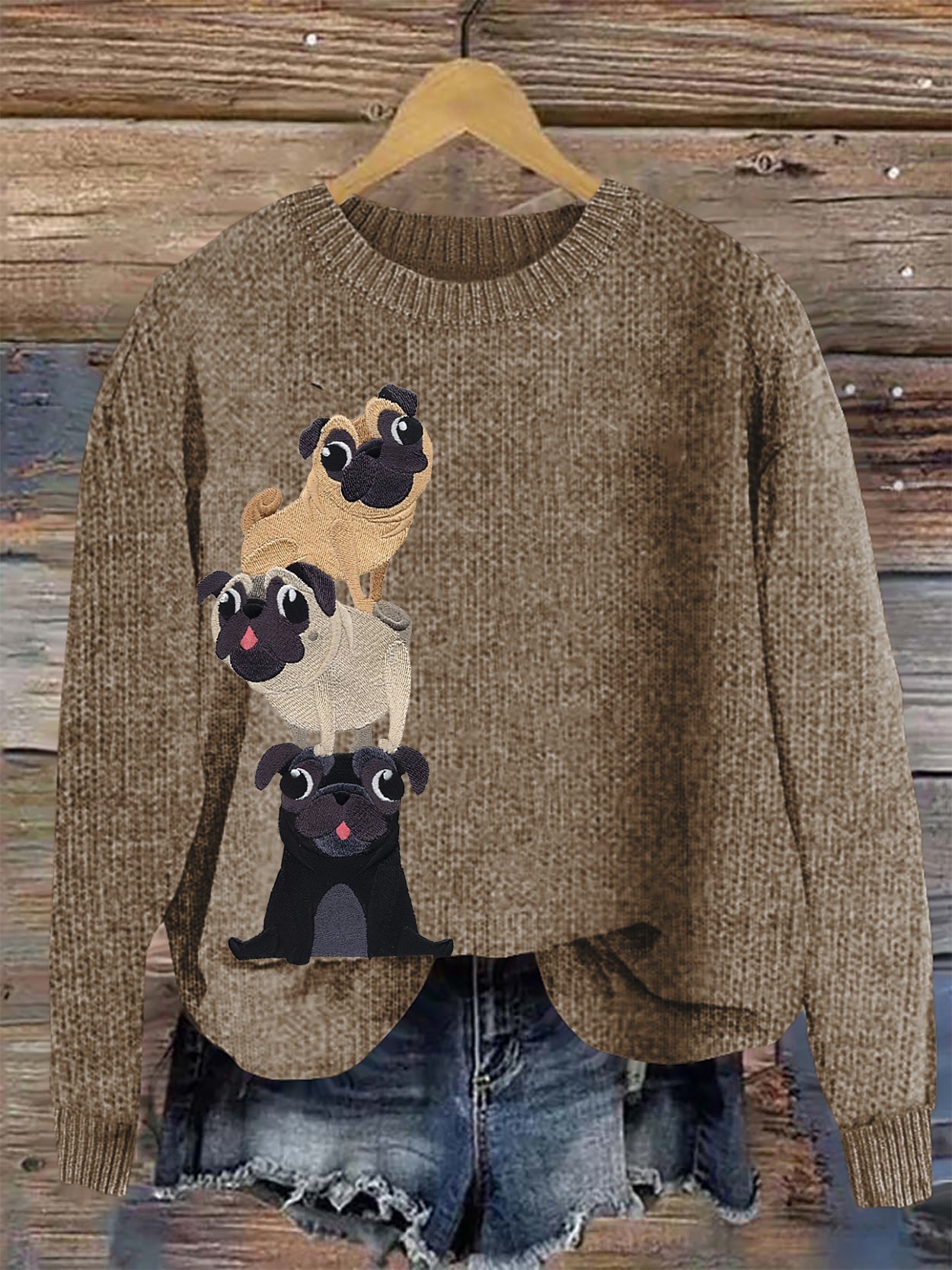 Comstylish Cute Pug Embroidery Art Women's Cozy Sweater