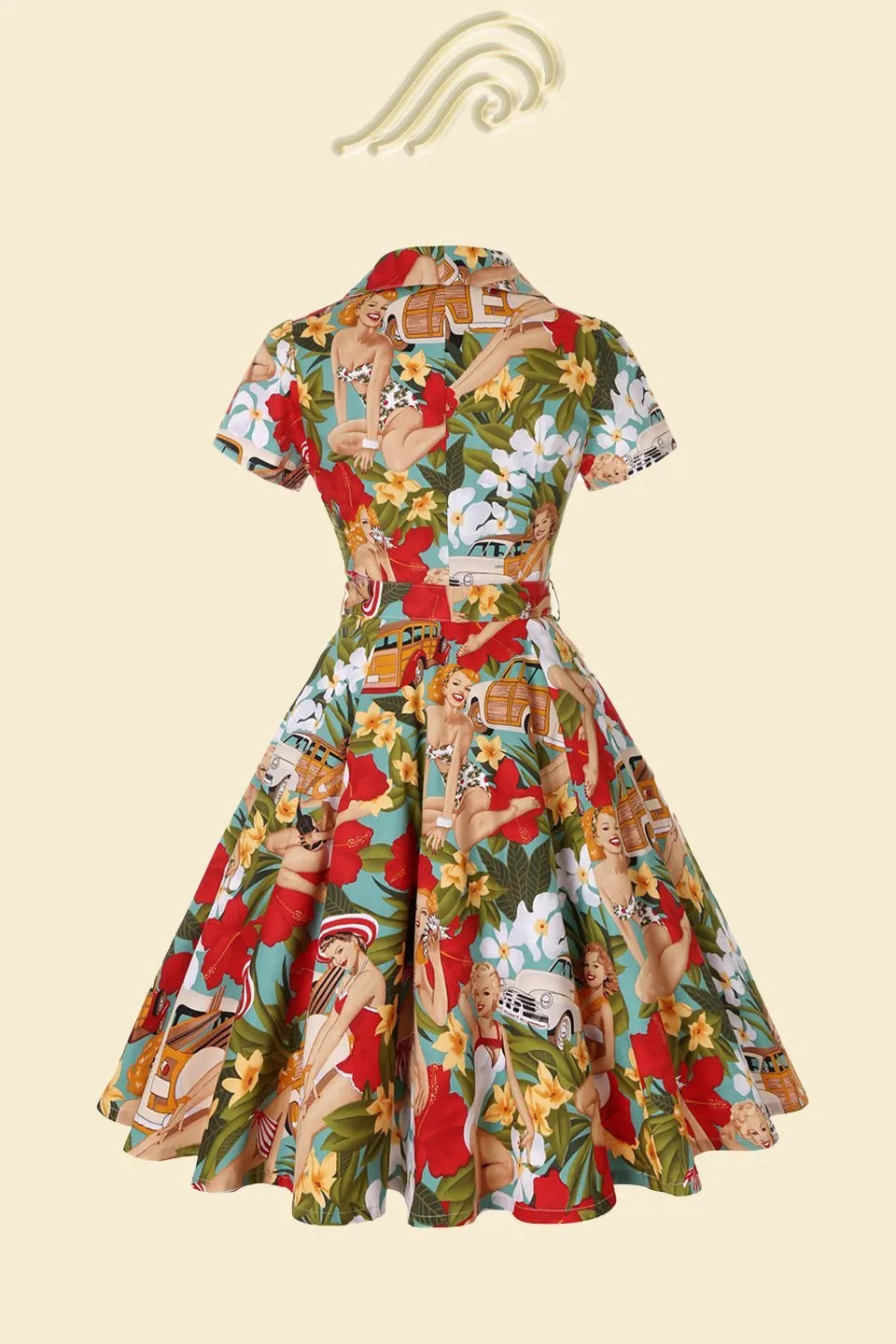 Helma Retro Printed Belted Cotton Shirt Midi Dress