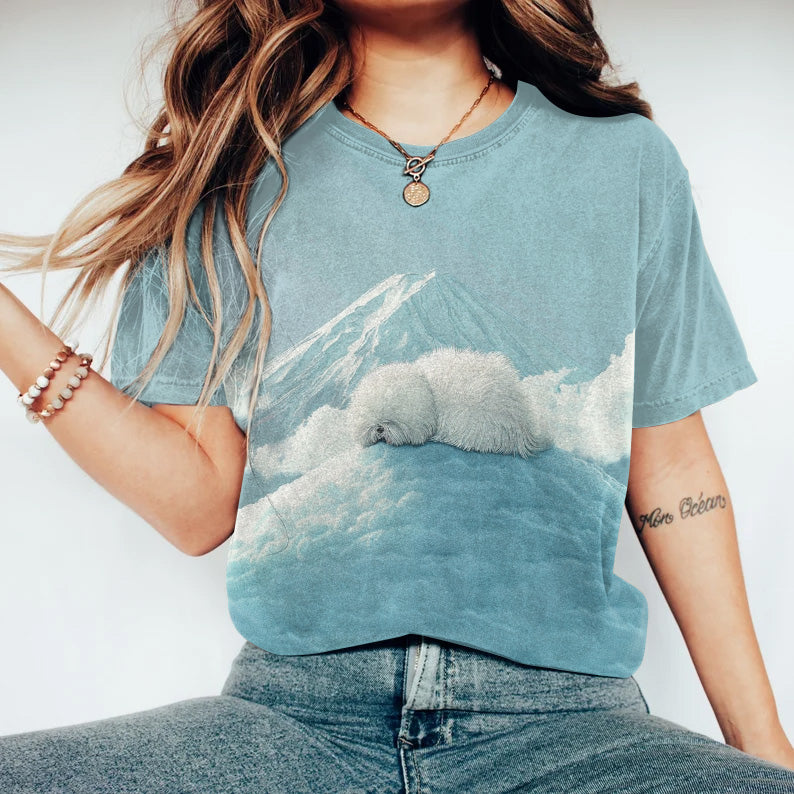 Women's Casual Cute Dog Mountain Print Round Neck Short Sleeve T-Shirt elevenforest