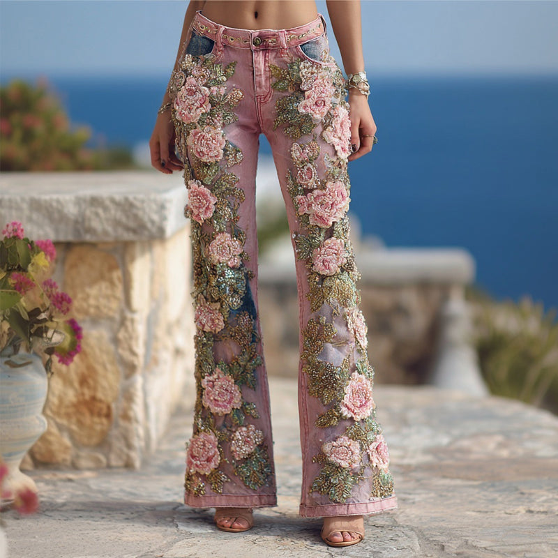 Vintage Pink Roses Glitter Embroidered Bootcut Jeans elevenforest