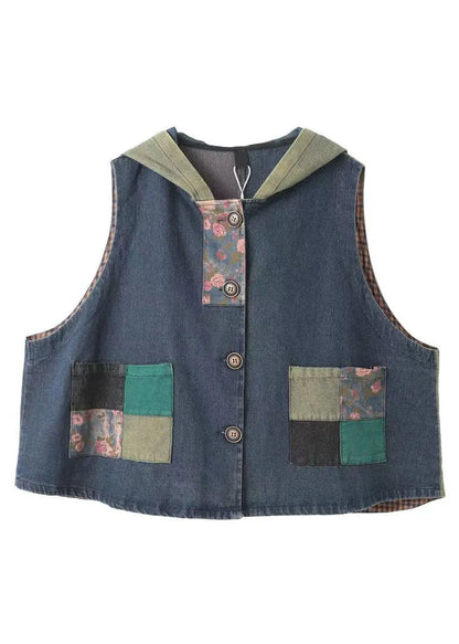 Blue Print Pockets Patchwork Denim Hoodies Vest Fall