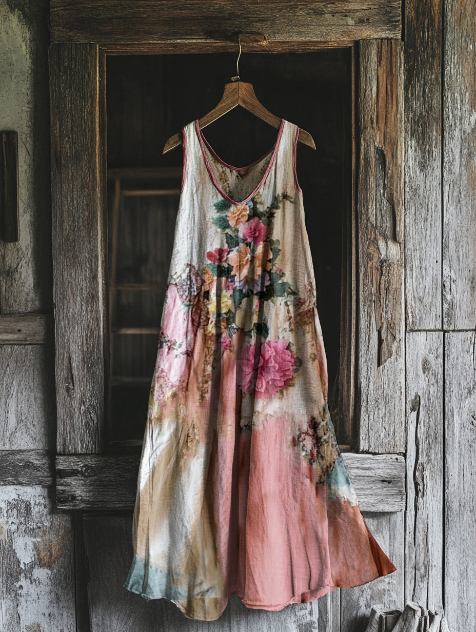 Women's Vintage Floral Patchwork Cotton And Linen Dress elevenforest