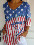 Comstylish Women's Independence Day Flag Jesus Printed Striped Fabric Casual V Neck T-shirt