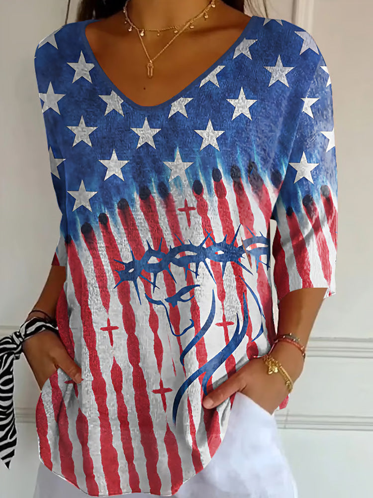 Comstylish Women's Independence Day Flag Jesus Printed Striped Fabric Casual V Neck T-shirt