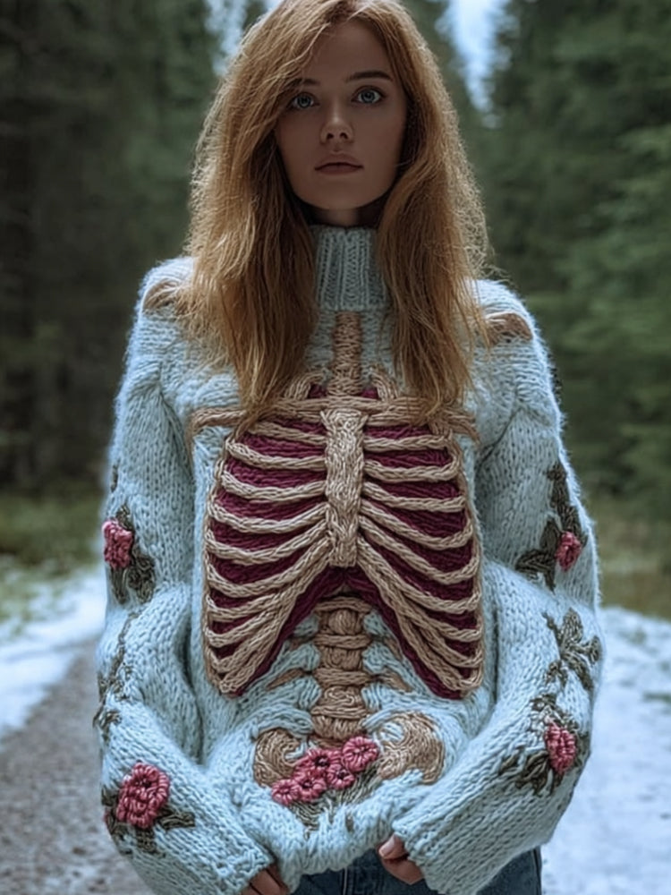 Comstylish Female Anatomy Art And Flower Vintage Coarse Needle High Collar Sweater