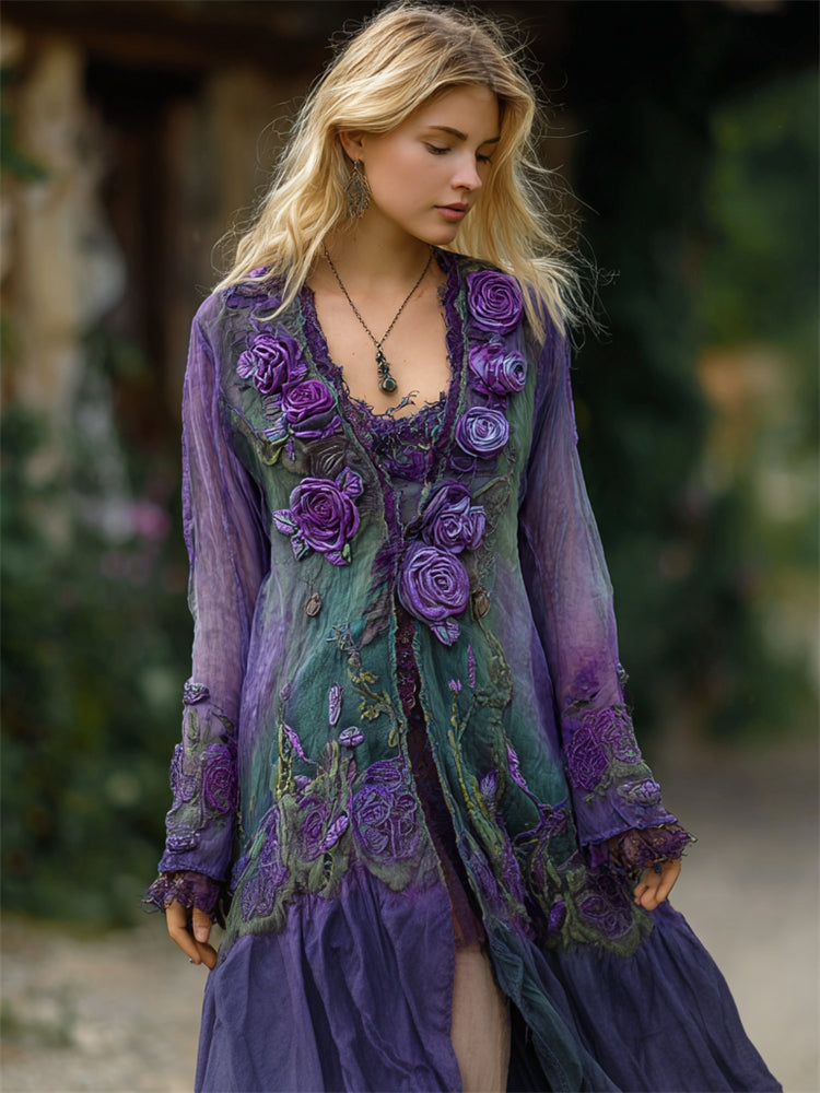 Vintage Purple Roses Fiber Art Forest Dyed Flowy Linen Cardigan elevenforest