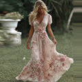 Women's Vintage Pink Rose Embroidered Art Pattern V-neck Short Sleeve Midi Dress elevenforest