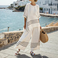 Simple Striped Linen Blend T-shirt Two Piece Set elevenforest