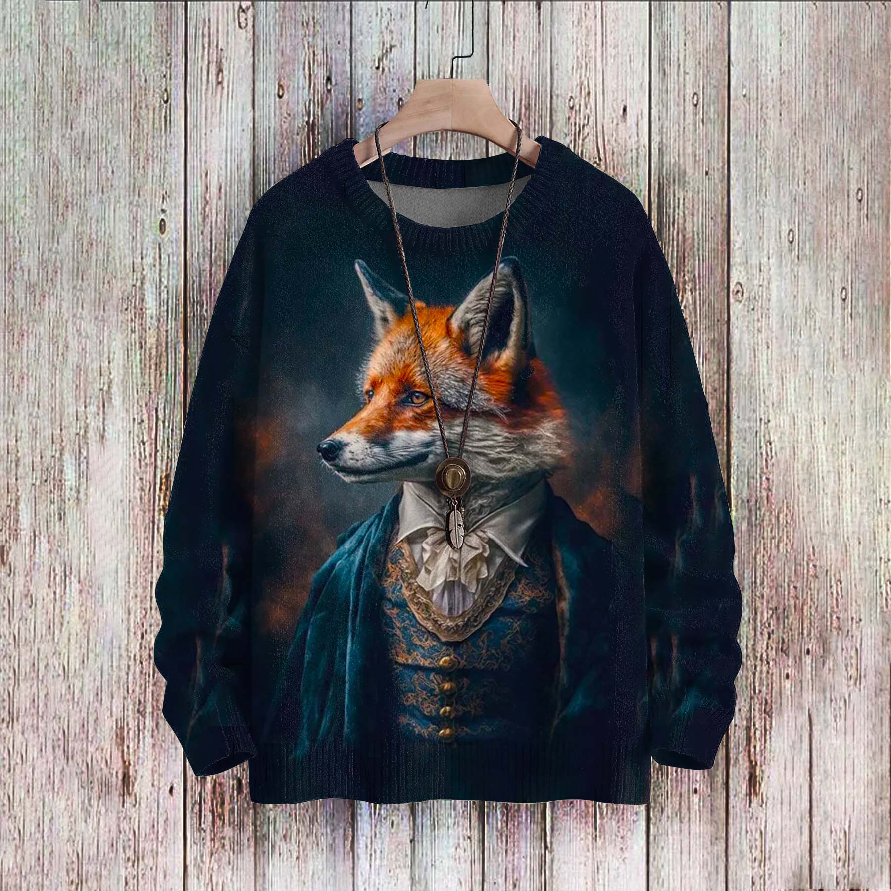 Casual The Gentleman Mr.Darcy Fox Portrait Vintage Fox Painting Unisex Pullover Knitted Sweater artswardrobe