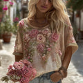 Women's Bohemian Floral Embroidery Art Linen Blend Middle Sleeve T-shirt elevenforest