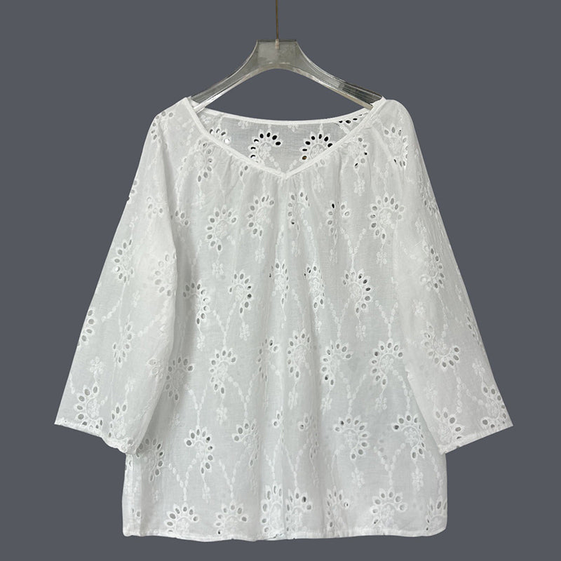 Comstylish Women's Retro Lace Cotton And Linen Mid-length Sleeves V-neck Top