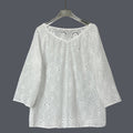 Women's Retro Lace Cotton And Linen Mid-length Sleeves V-neck Top elevenforest