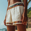 Women's Retro Vacation Embroidery Geometric Floral Art Print Cotton And Linen Shorts elevenforest