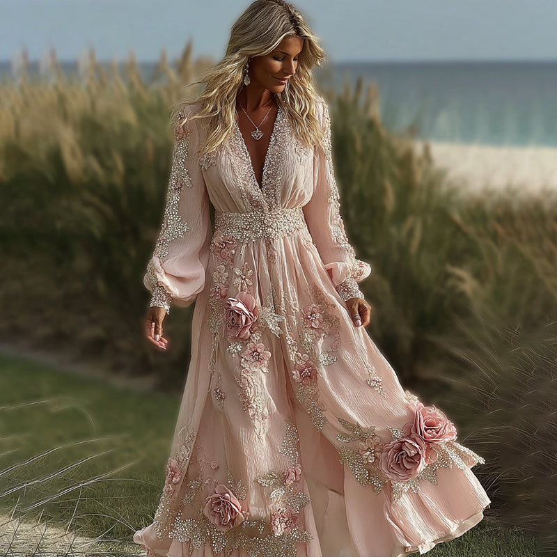 Women's Pink Rose Embroidered Art V-neck Long Sleeve Midi Dress elevenforest