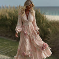 Women's Pink Rose Embroidered Art V-neck Long Sleeve Midi Dress elevenforest
