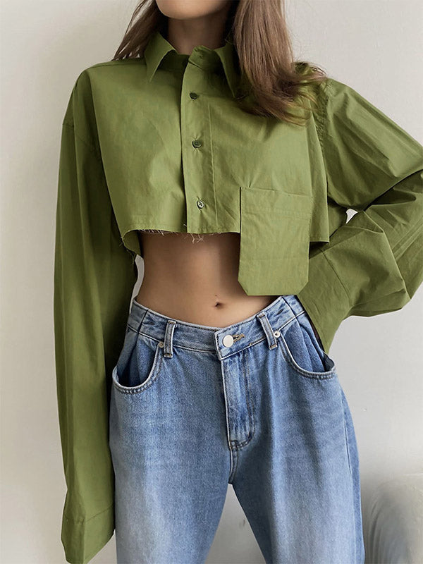 Long Sleeves Loose Asymmetric Buttoned Pockets Color Split-joint Lapel Blouses&shirts Tops