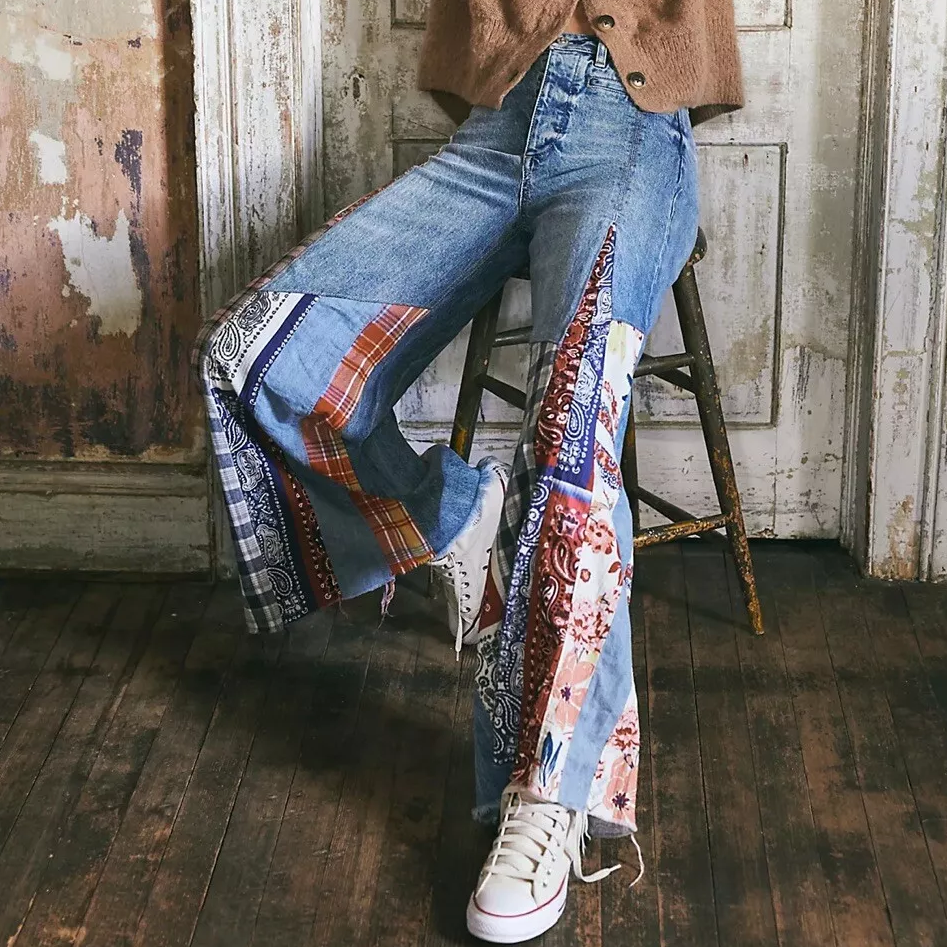 Boho Floral Patchwork Art Button High Waist Wide Leg Bandana Jeans elevenforest