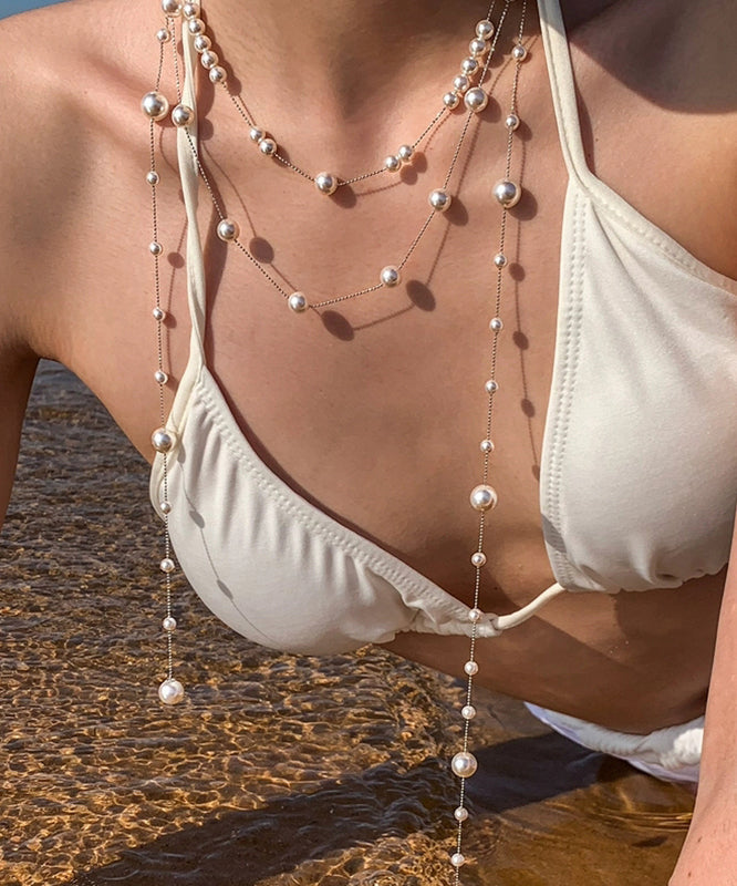 White Copper Overgild Double-layer Pearl Lariat Necklace