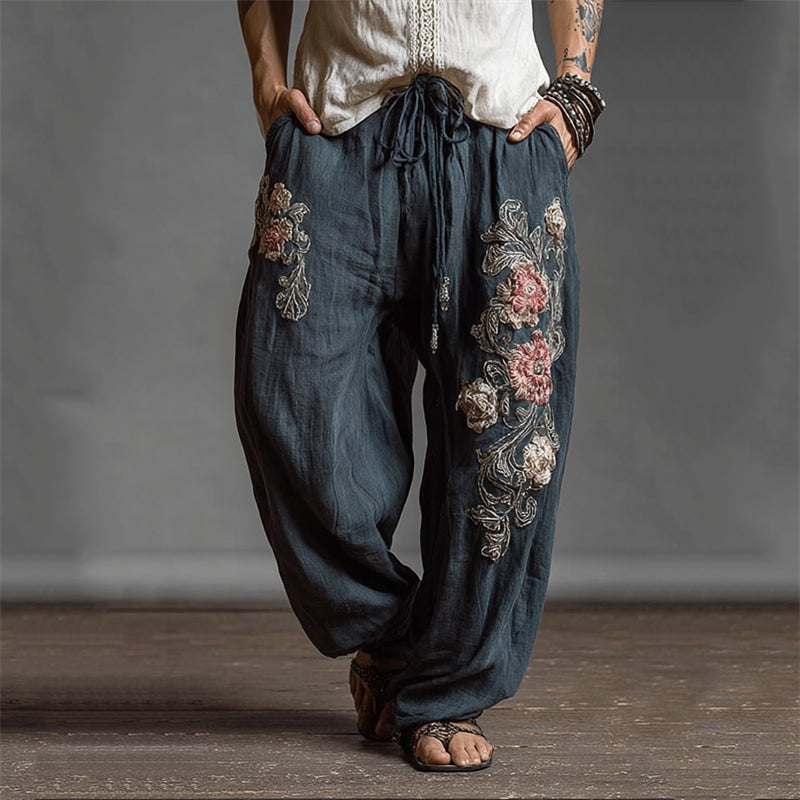 Men's Vintage Floral Fiber Art Embroidered Wide Leg Pants elevenforest