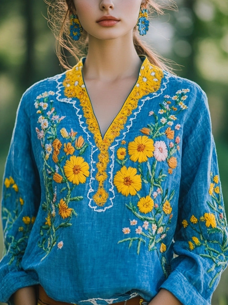 Vintage Floral Embroidered Linen Blend Cozy Tunic elevenforest